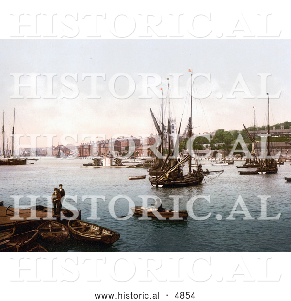 Historical Photochrom of Ships on the River Medway in Chatham, Kent, England, United Kingdom