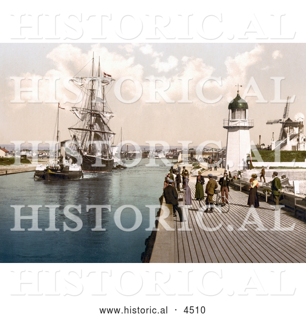 Historical Photochrom of Steamboat Tugging a Ship past the Pier and Windmill in Littlehampton Arun West Sussex England UK