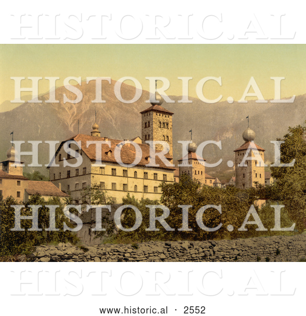 Historical Photochrom of Stockalper Palace at Brigue, Valais, Switzerland