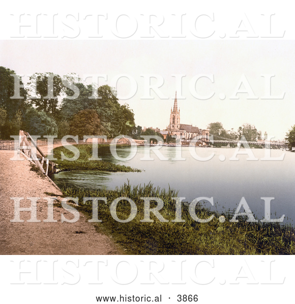 Historical Photochrom of the All Saints Church and Marlow Bridge in Great Marlow Buckinghamshire London England UK
