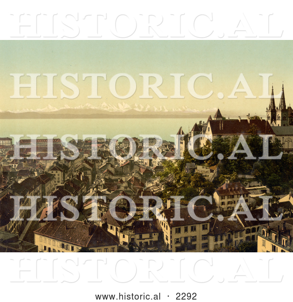 Historical Photochrom of the City of Neuchatel, Switzerland