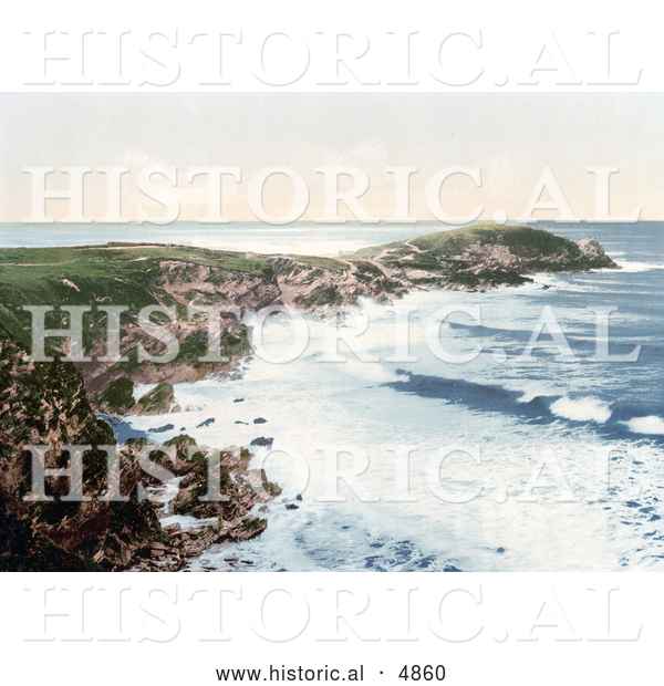 Historical Photochrom of the Coast of Newquay, Towan Head, Cornwall, England