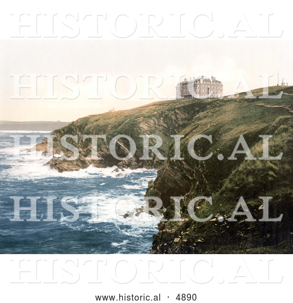 Historical Photochrom of the Coastal Headland Hotel on Beacon Cove in Newquay Cornwall England