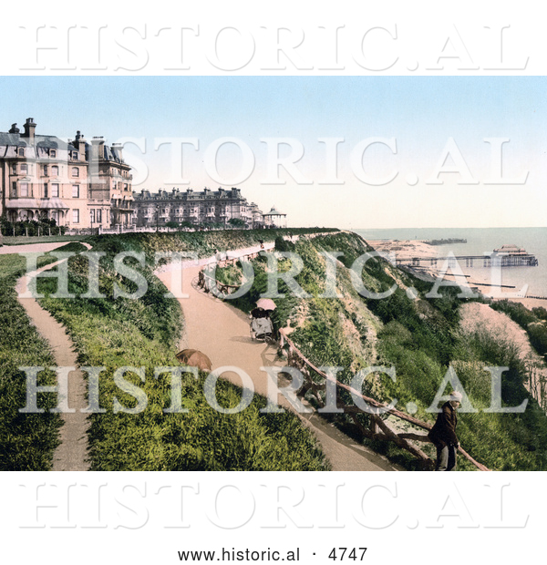 Historical Photochrom of the Grand Hotel on the Leas in Folkestone, Kent, England