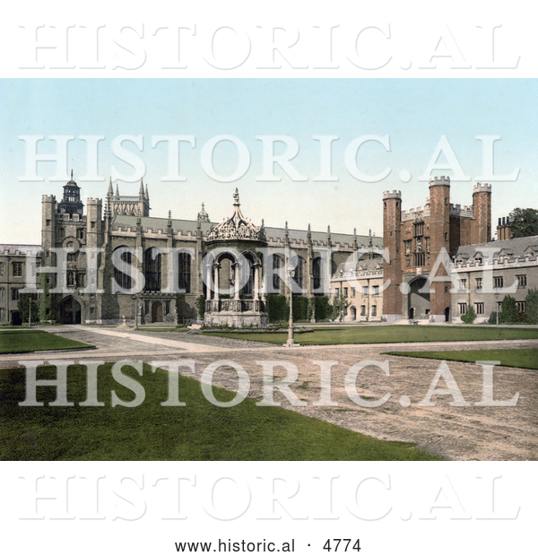 Historical Photochrom of the Great Court and Fountain and Great Gate at Trinity College, Cambridge, Cambridgeshire, England, UK