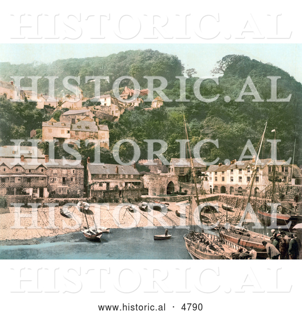 Historical Photochrom of the Harbor and Red Lion Hotel in Clovelly Devon England