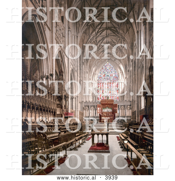 Historical Photochrom of the Interior of the York Minster Cathedral in York, North Yorkshire, England