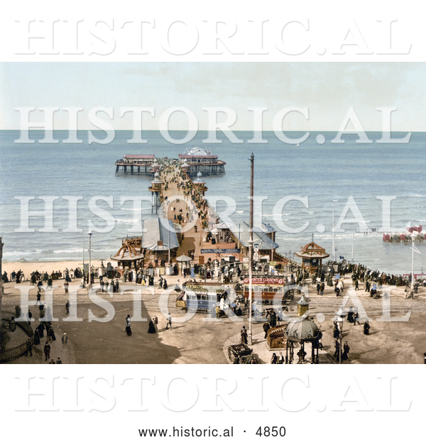 Historical Photochrom of the North Pier on the Irish Sea in Blackpool, Lancashire, England