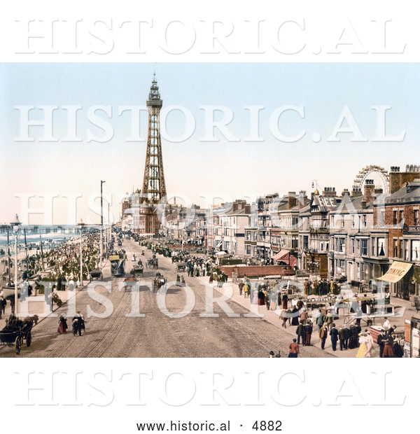 Historical Photochrom of the Promenade near the Tower in Blackpool, Lancashire, England