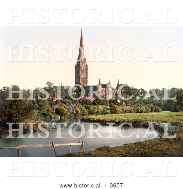 Historical Photochrom of the Salisbury Cathedral on the River Nadder in Salisbury Wiltshire England UK
