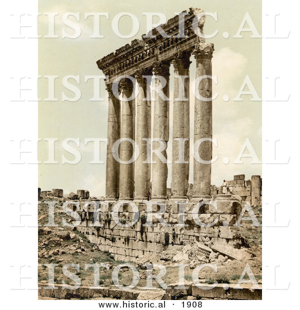 Historical Photochrom of the Temple of Jupiter Columns, Baalbek, Lebanon