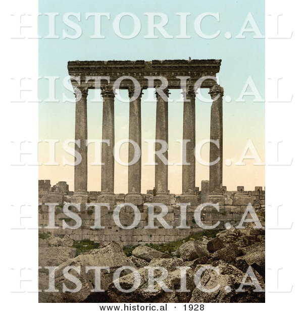 Historical Photochrom of the Temple of Jupiter Columns in Baalbek
