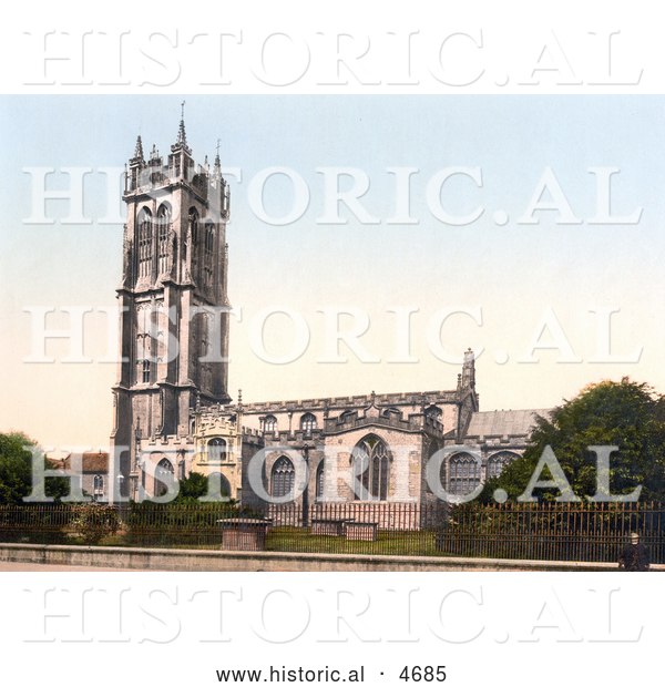 Historical Photochrom of the Tower of St Johns Church in Glastonbury Somerset England