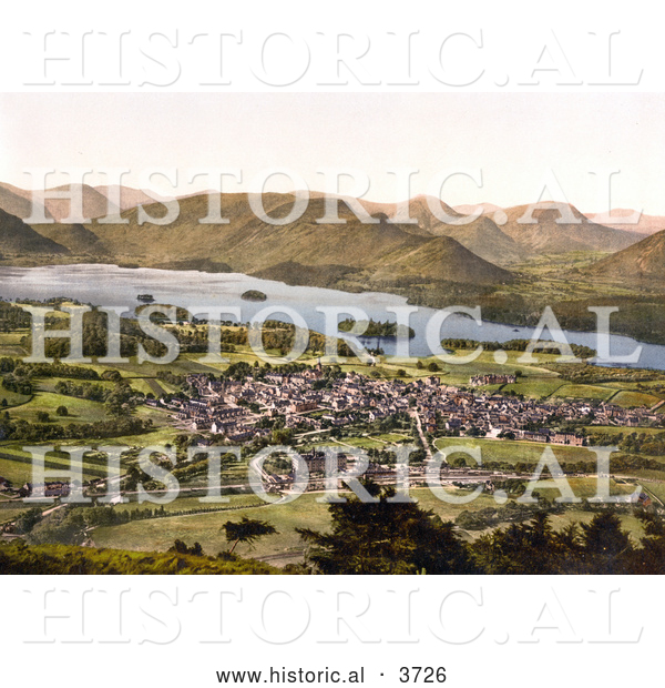 Historical Photochrom of the Village of Keswick near the Lake of Derwentwater and Mountains Lake District Allerdale Cumbria England UK