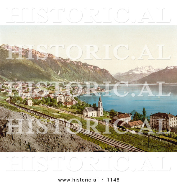 Historical Photochrom of the Village of Montreux on the Shore of Geneva Lake in Switzerland