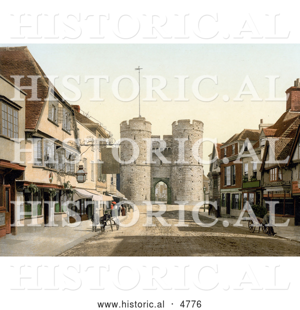 Historical Photochrom of the West Gate to the City of Canterbury, Kent, England, UK