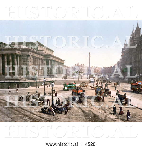 Historical Photochrom of Trams and Horse Drawn Carriages on Lime Street at St George’s Hall in Liverpool, England