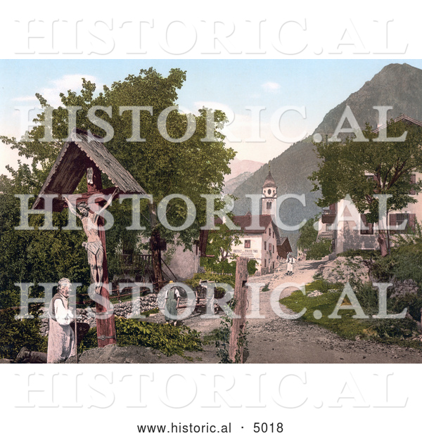 Historical Photochrom of Tyrol Village, Village with Crucifix, Tyrol, Austria