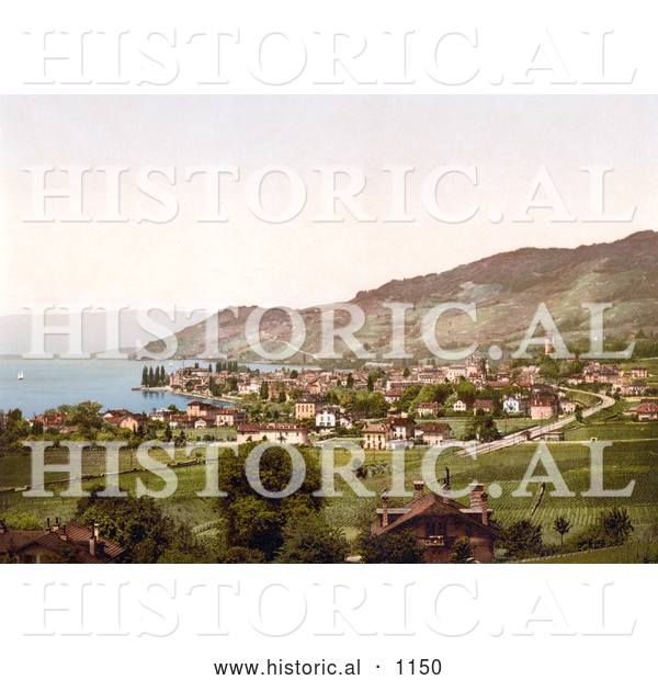 Historical Photochrom of Vineyards and Village of Vevey on Geneva Lake, Switzerland