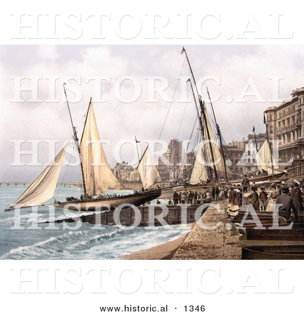 Historical Photochrom of Yachts and Waterfront Buildings in Hastings Sussex England