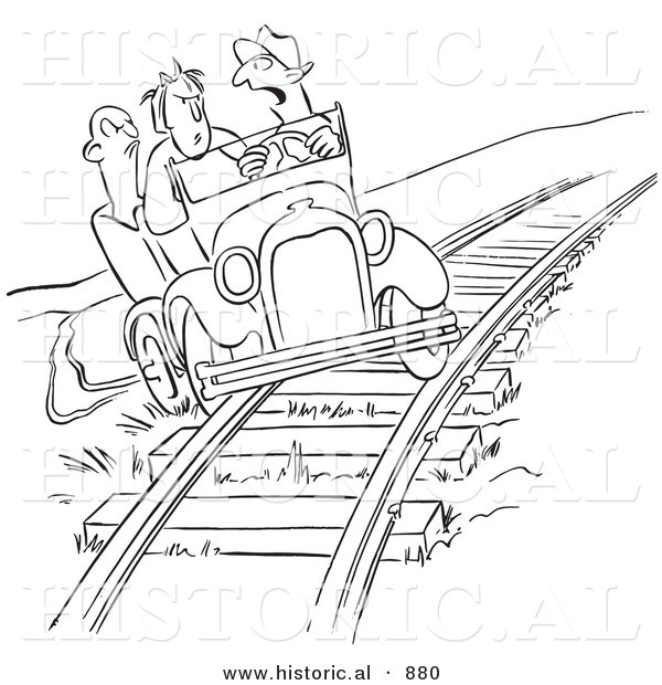 Historical Vector Cartoon of Late Employees Taking a Shortcut on the Railroad Tracks with an Old Car - Black and White Outlined Version