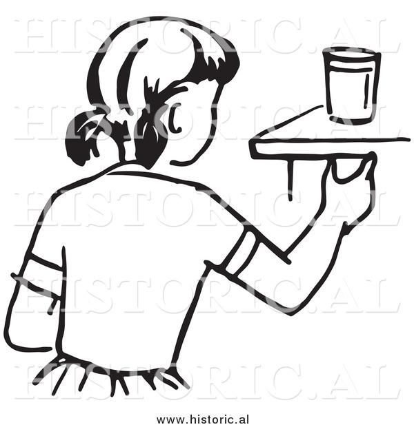 Historical Vector Clipart of a Girl Reaching for a Cup on a Counter - Outline