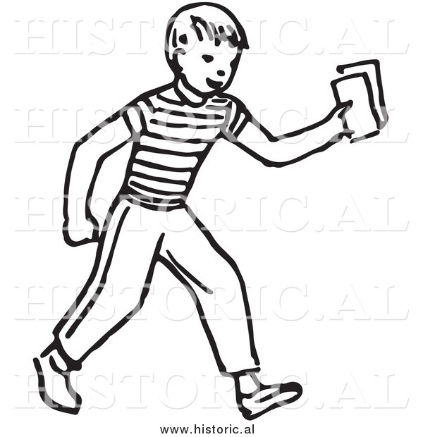 Historical Vector Clipart of a Smiling Boy Delivering Blank Rectangle Papers - Outline