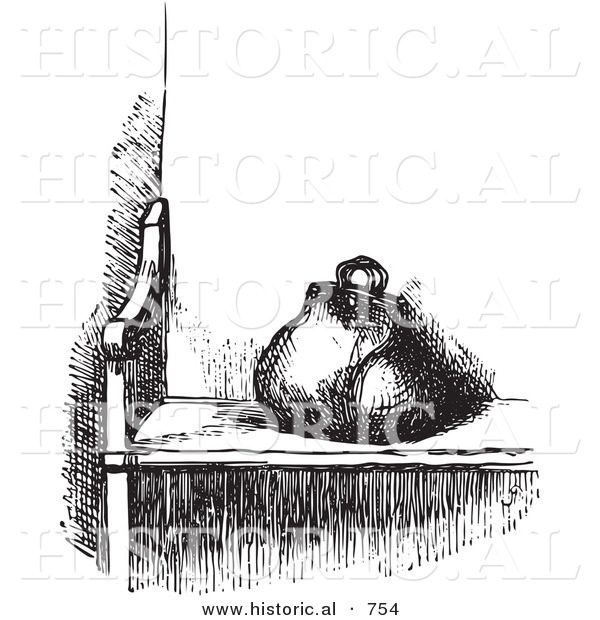 Historical Vector Illustration of a Bag on a Wood Bench - Black and White Version