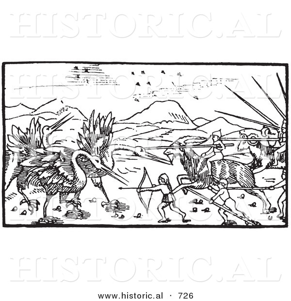 Historical Vector Illustration of a Battle Between Cranes and Pygmies - Black and White Version