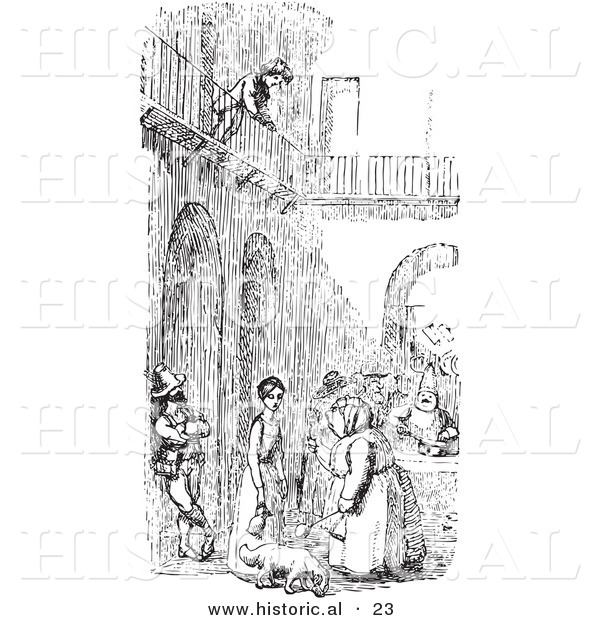 Historical Vector Illustration of a Boy over a Courtyard with People - Black and White Version