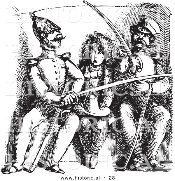 Historical Vector Illustration of a Boy Watching Soldiers Compare Swords - Black and White Version