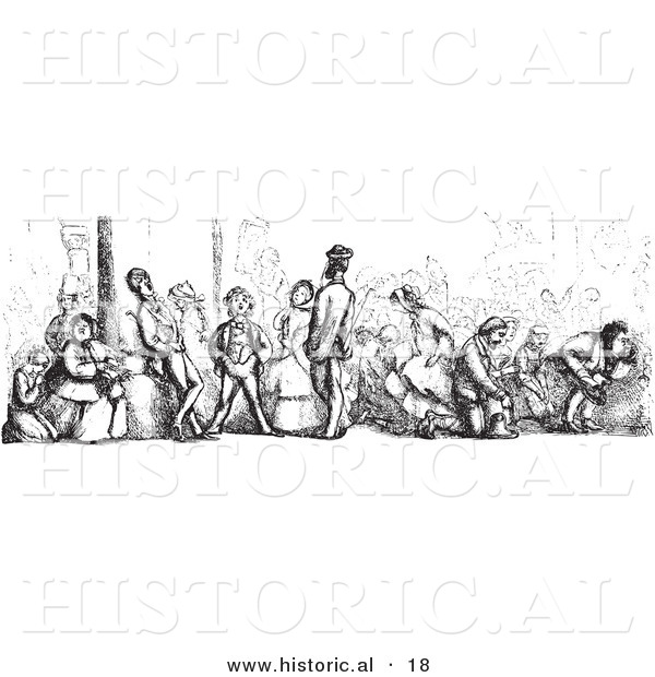 Historical Vector Illustration of a Busy Church Full of People - Black and White Version