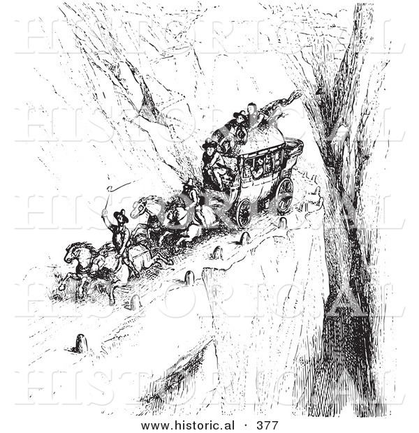 Historical Vector Illustration of a Carriage with People Traveling down a Road with Steep Cliffs - Black and White Version