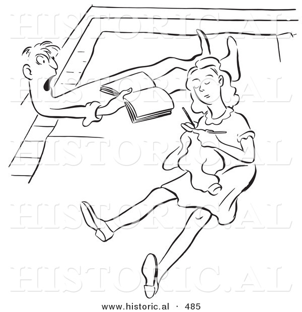 Historical Vector Illustration of a Cartoon Couple Reading and Knitting on Their Floor - Black and White Outlined Version
