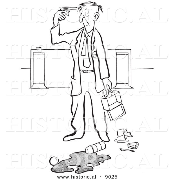 Historical Vector Illustration of a Cartoon Elderly Man Pointing a Gun to His Head After Spilling His Lunch at Work - Black and White Outlined Version