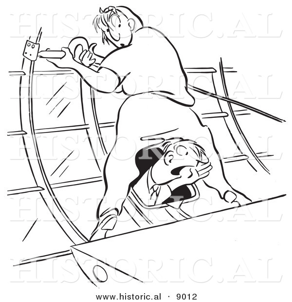 Historical Vector Illustration of a Cartoon Female Airplane Factory Worker Getting Distracted by a Man Yelling out of a Window Between Her Legs - Black and White Outlined Version