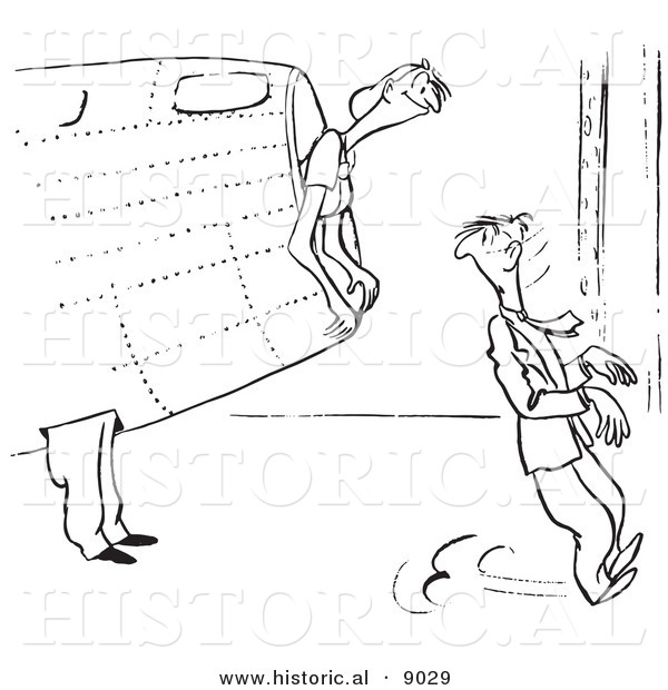 Historical Vector Illustration of a Cartoon Female Airplane Factory Worker Pranking Her Boss at Work - Black and White Outlined Version