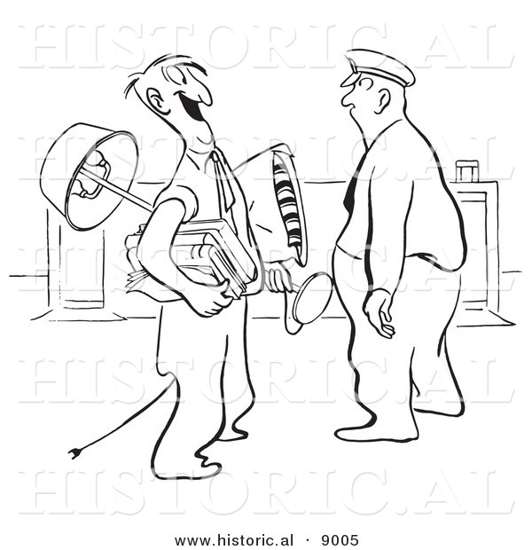 Historical Vector Illustration of a Cartoon Guard Staring at a Happy Man Carrying His Office Belongings - Black and White Outlined Version