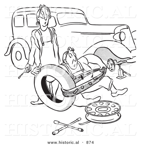 Historical Vector Illustration of a Cartoon Husband and Wife Struggling with Flat Car Tire Repair - Black and White Outlined Version