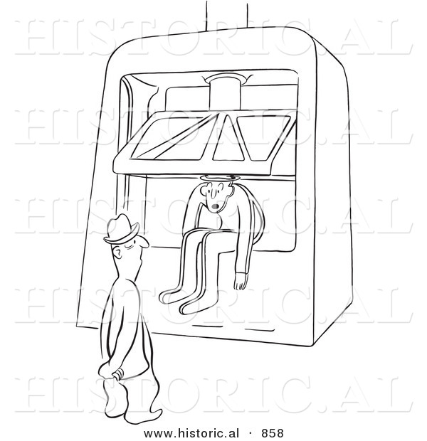 Historical Vector Illustration of a Cartoon Male Worker Sitting in a Machine Press - Black and White Outlined Version