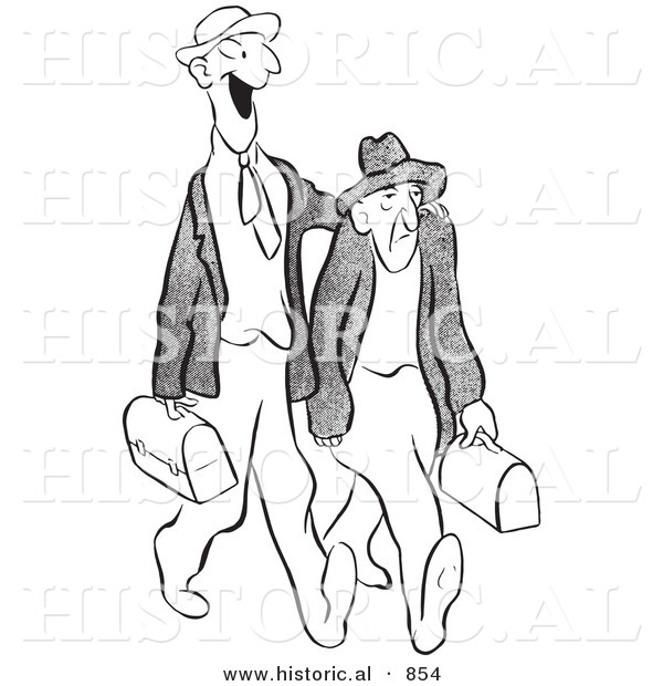 Historical Vector Illustration of a Cartoon Male Worker Trying to Cheer up a Grumpy Old Man - Black and White Outlined Version
