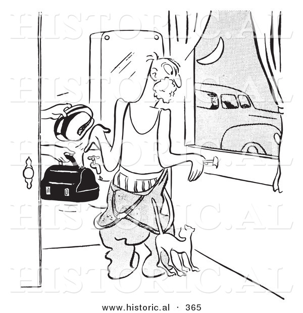 Historical Vector Illustration of a Cartoon Man Getting Ready for Work While His Wife Hands Him Lunch and His Creepy Car Pool Friend Waits for Him Outside - Outlined Version