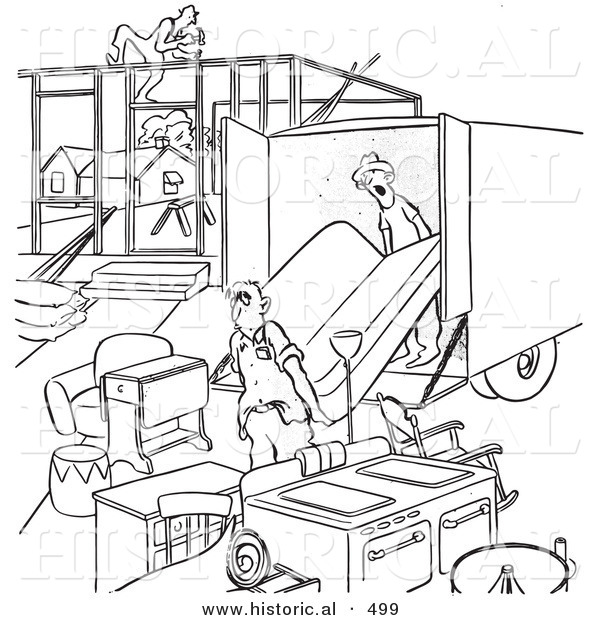Historical Vector Illustration of a Cartoon Man Moving into an Unfinished House - Black and White Outlined Version