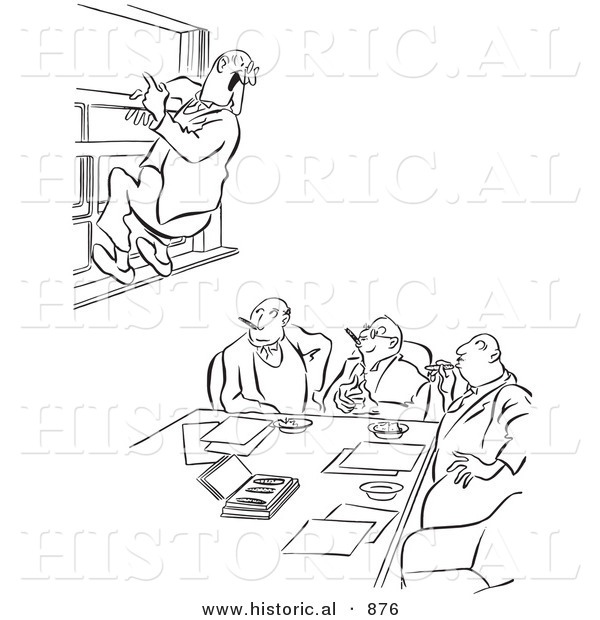 Historical Vector Illustration of a Cartoon Office Worker Hanging from a Window at a Meeting - Black and White Outlined Version