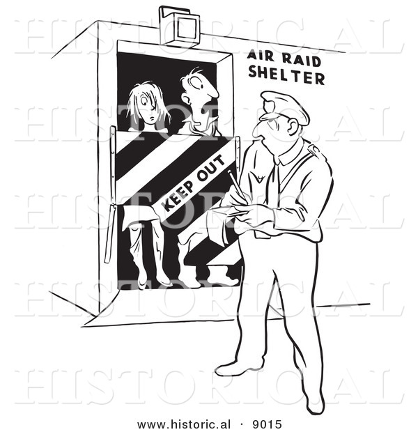 Historical Vector Illustration of a Cartoon Officer Writing Tickets to Trespassers in an Air Raid Shelter - Black and White Outlined Version