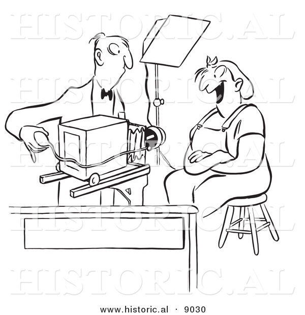 Historical Vector Illustration of a Cartoon Photographer Photographing a Happy Female Worker with an Old Fashioned Camera - Black and White Outlined Version