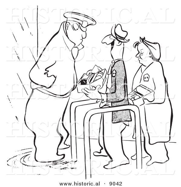 Historical Vector Illustration of a Cartoon Security Guard Inspecting a Happy Person's Lunch Box at an Entrance - Black and White Outlined Version