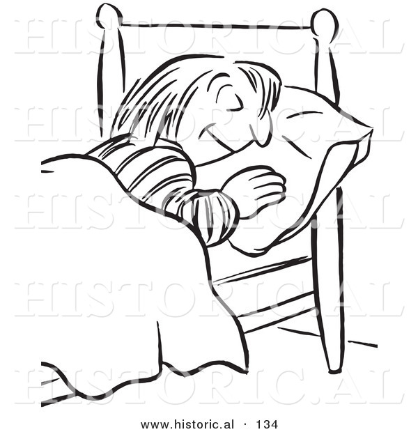 Historical Vector Illustration of a Cartoon Styled Girl Sleeping in a Bed - Black and White Outlined Version