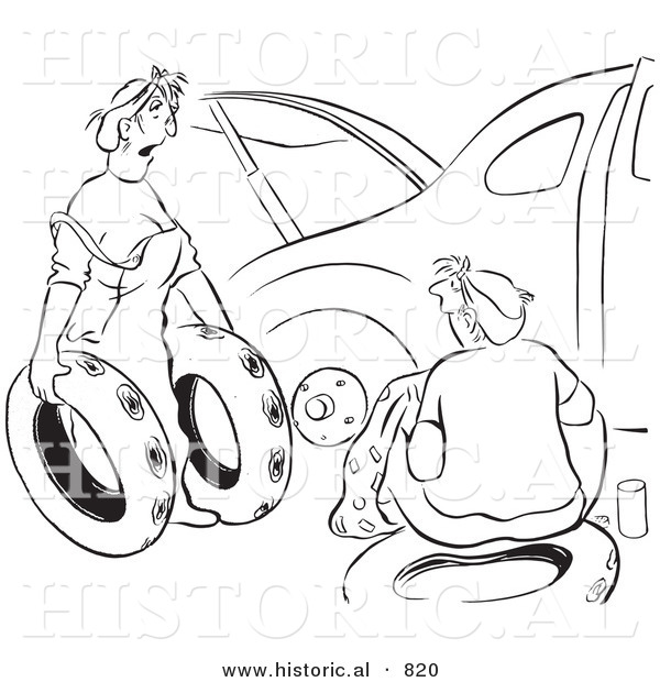 Historical Vector Illustration of a Cartoon Wife Trying to Help Her Husband Fix a Car with Flat Tires - Black and White Outlined Version