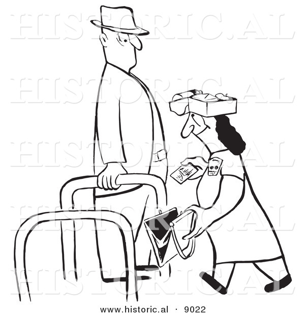 Historical Vector Illustration of a Cartoon Woman Walking Through a Checkpoint with Her Belongings Opened for an Inspector - Black and White Outlined Version